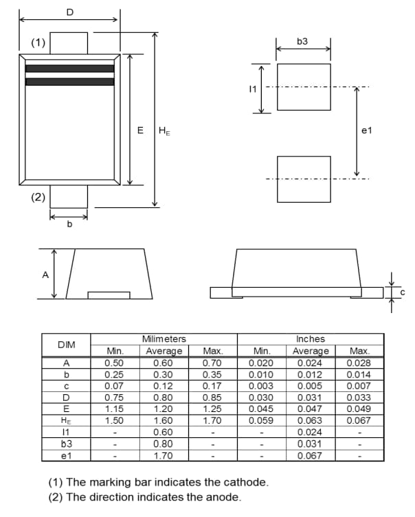 機械図面 - ROHM Semiconductor RN242SM PINダイオード